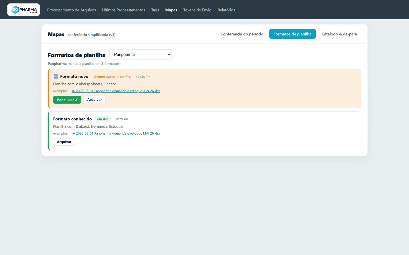 Formatos de planilha por distribuidor: conhecido, novo e arquivado